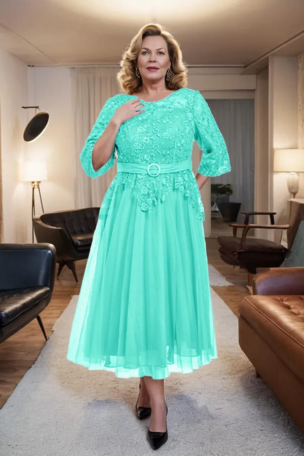 Belted 3/4 Sleeves Tulle Tea Length Mother of the Bride Dress