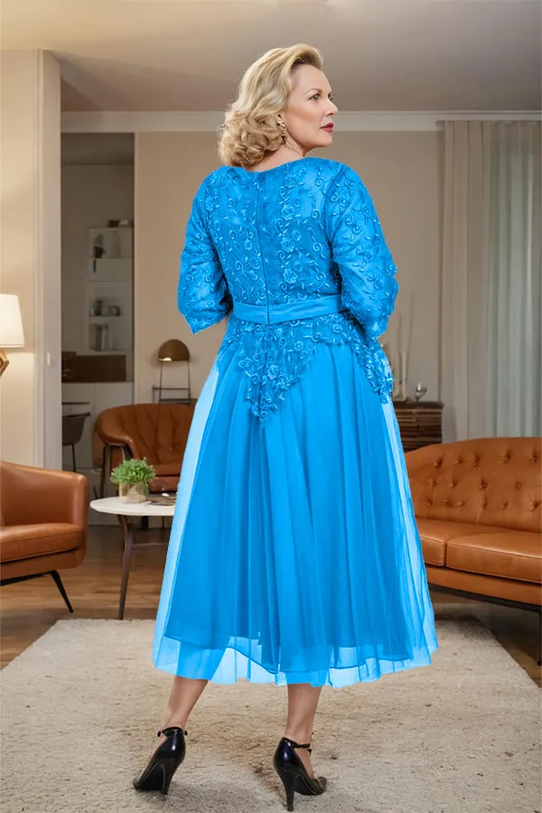 Belted 3/4 Sleeves Tulle Tea Length Mother of the Bride Dress