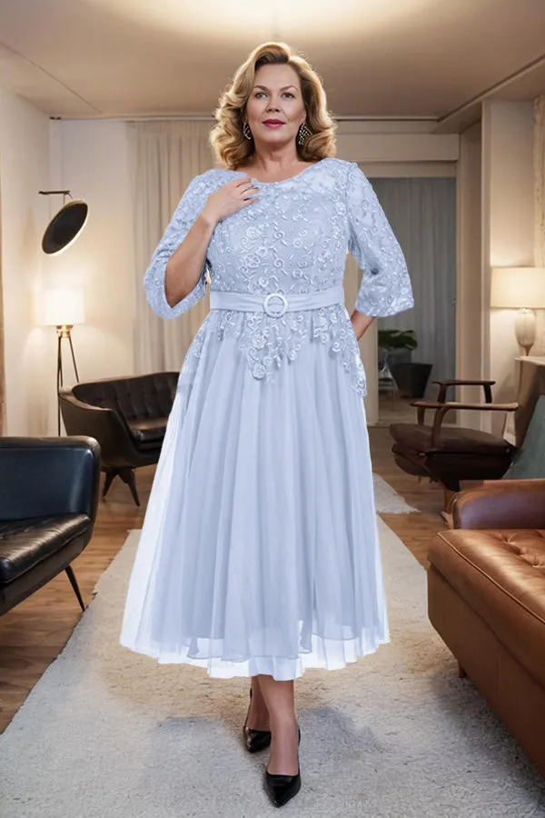 Belted 3/4 Sleeves Tulle Tea Length Mother of the Bride Dress