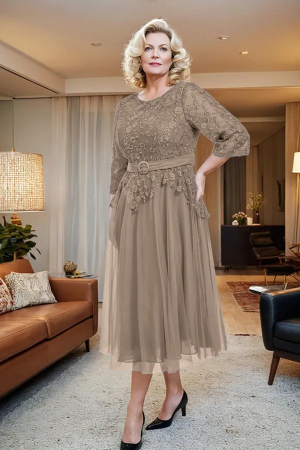 Belted 3/4 Sleeves Tulle Tea Length Mother of the Bride Dress