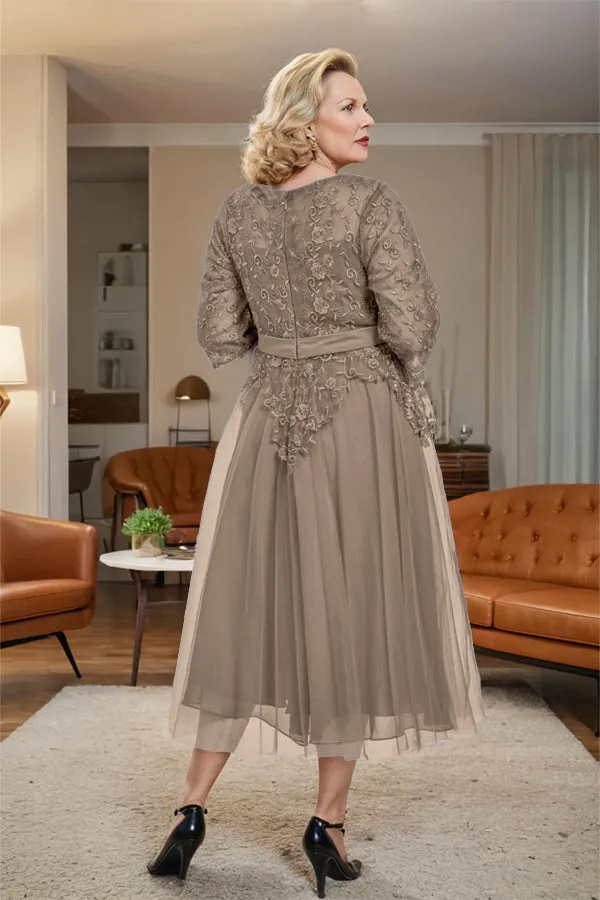 Belted 3/4 Sleeves Tulle Tea Length Mother of the Bride Dress