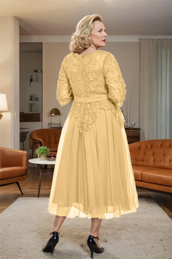 Belted 3/4 Sleeves Tulle Tea Length Mother of the Bride Dress
