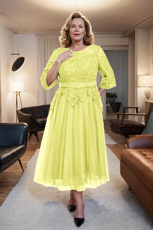Belted 3/4 Sleeves Tulle Tea Length Mother of the Bride Dress
