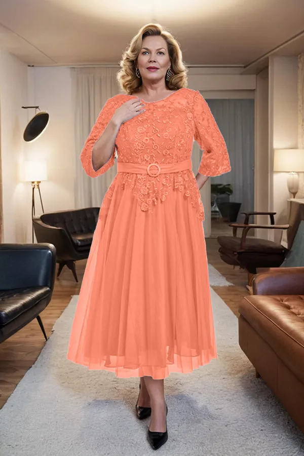Belted 3/4 Sleeves Tulle Tea Length Mother of the Bride Dress