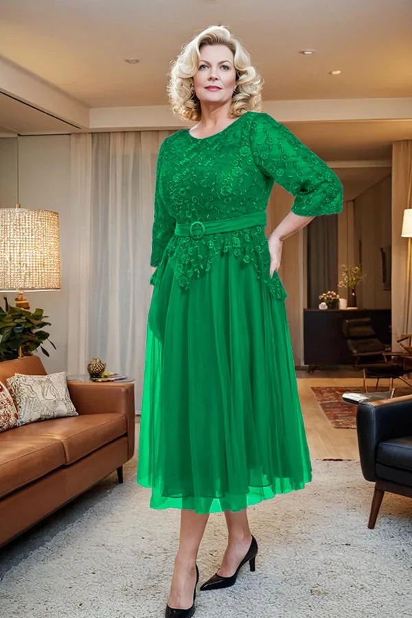 Belted 3/4 Sleeves Tulle Tea Length Mother of the Bride Dress