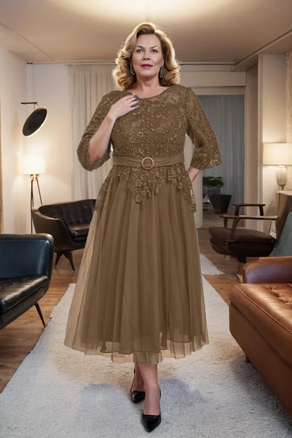 Belted 3/4 Sleeves Tulle Tea Length Mother of the Bride Dress