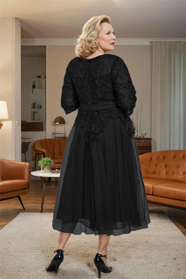 Belted 3/4 Sleeves Tulle Tea Length Mother of the Bride Dress