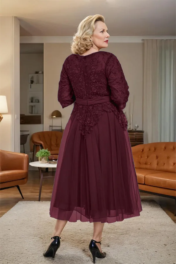 Belted 3/4 Sleeves Tulle Tea Length Mother of the Bride Dress