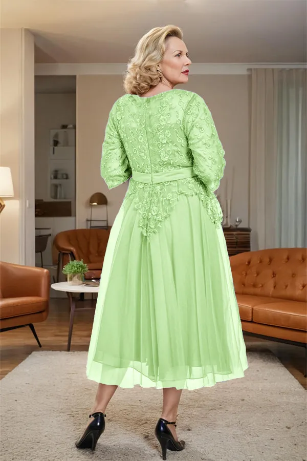 Belted 3/4 Sleeves Tulle Tea Length Mother of the Bride Dress