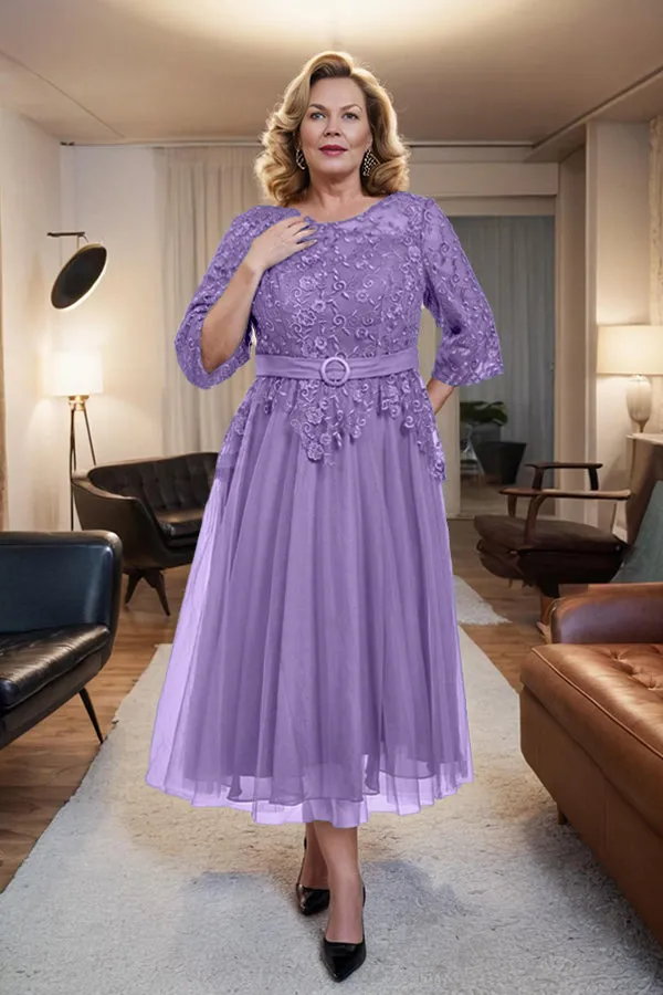 Belted 3/4 Sleeves Tulle Tea Length Mother of the Bride Dress