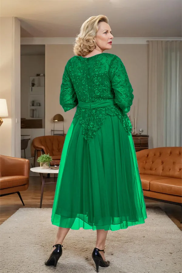 Belted 3/4 Sleeves Tulle Tea Length Mother of the Bride Dress