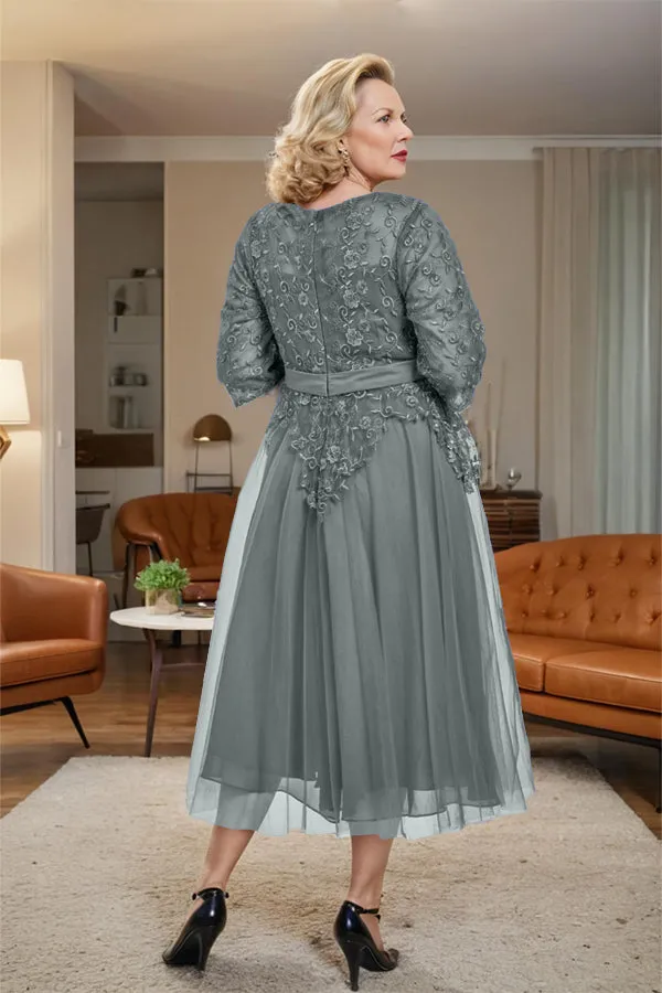 Belted 3/4 Sleeves Tulle Tea Length Mother of the Bride Dress