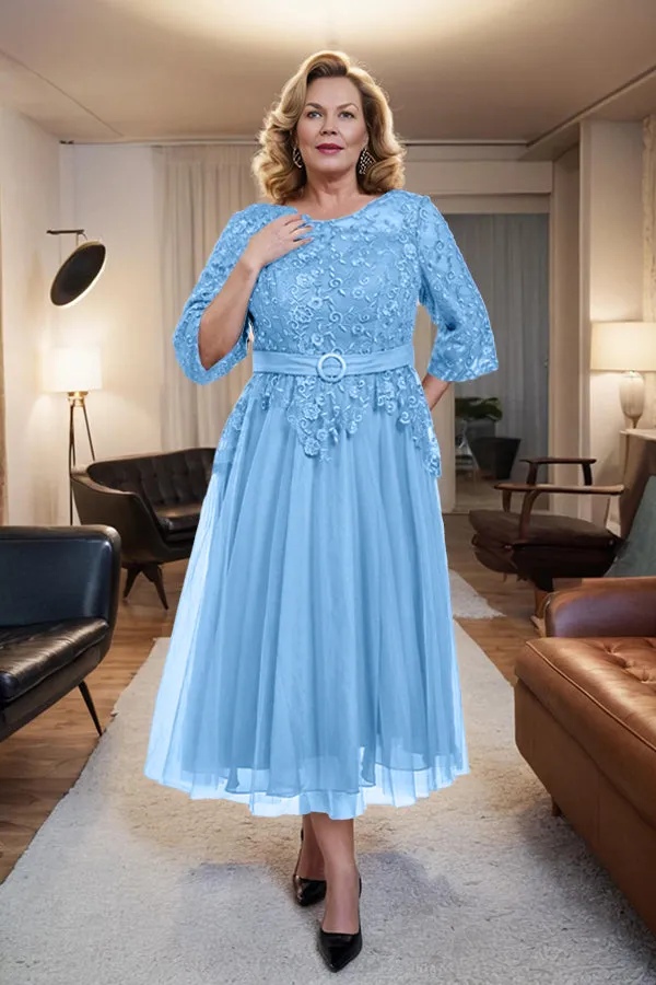 Belted 3/4 Sleeves Tulle Tea Length Mother of the Bride Dress