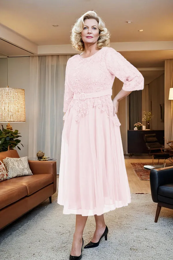 Belted 3/4 Sleeves Tulle Tea Length Mother of the Bride Dress