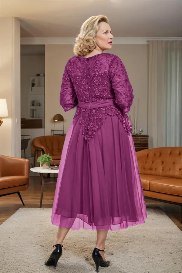 Belted 3/4 Sleeves Tulle Tea Length Mother of the Bride Dress