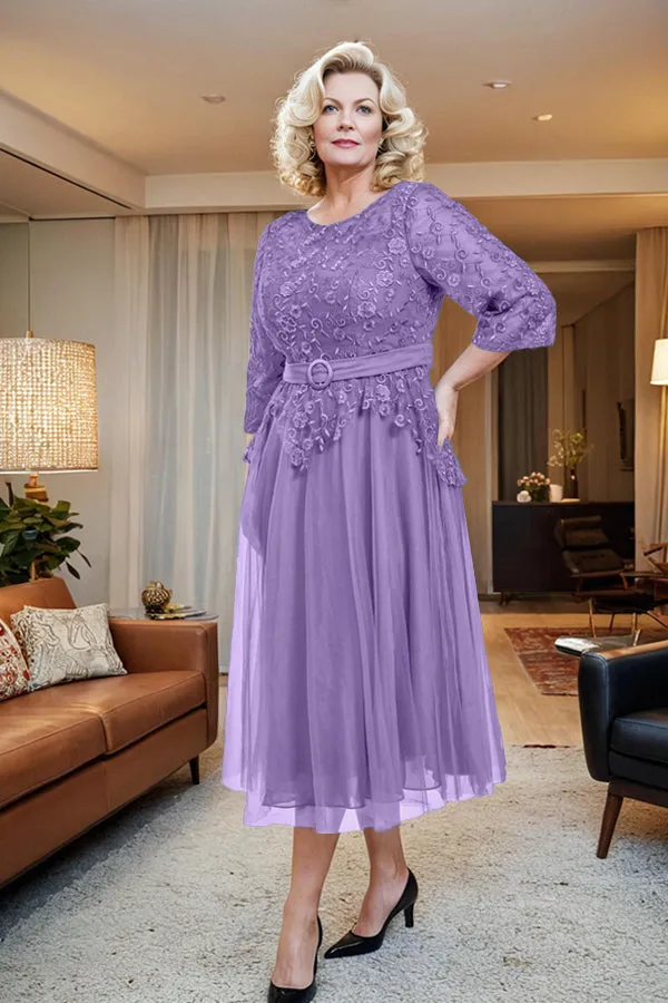 Belted 3/4 Sleeves Tulle Tea Length Mother of the Bride Dress