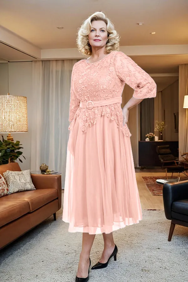 Belted 3/4 Sleeves Tulle Tea Length Mother of the Bride Dress