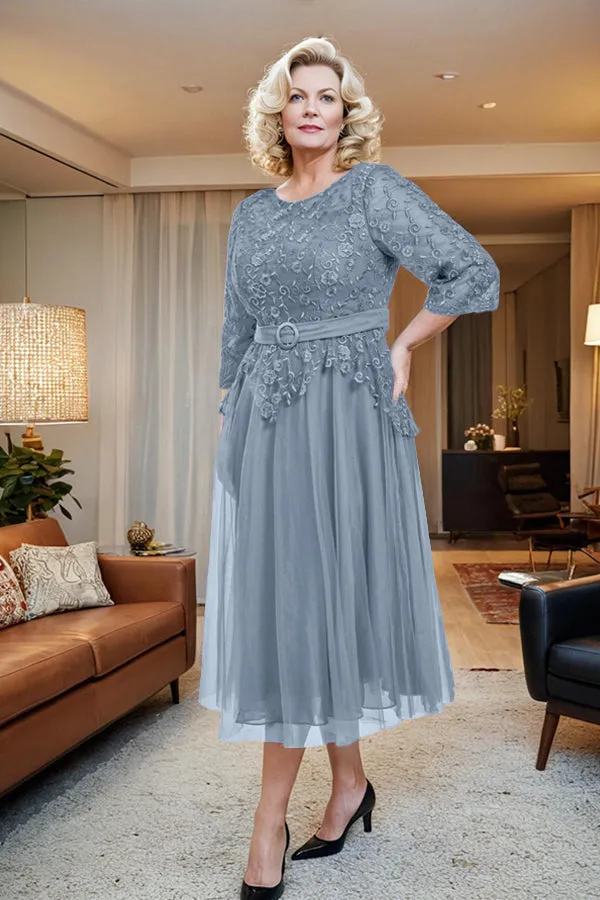 Belted 3/4 Sleeves Tulle Tea Length Mother of the Bride Dress