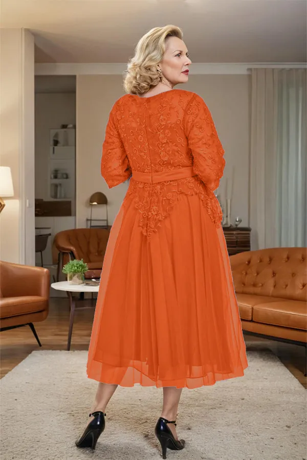 Belted 3/4 Sleeves Tulle Tea Length Mother of the Bride Dress