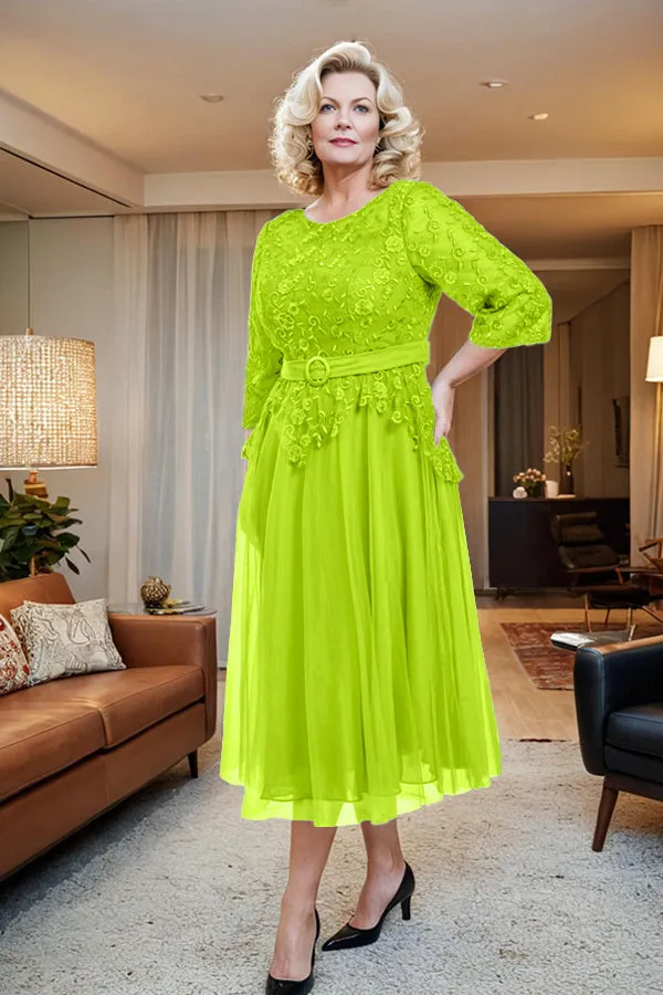 Belted 3/4 Sleeves Tulle Tea Length Mother of the Bride Dress