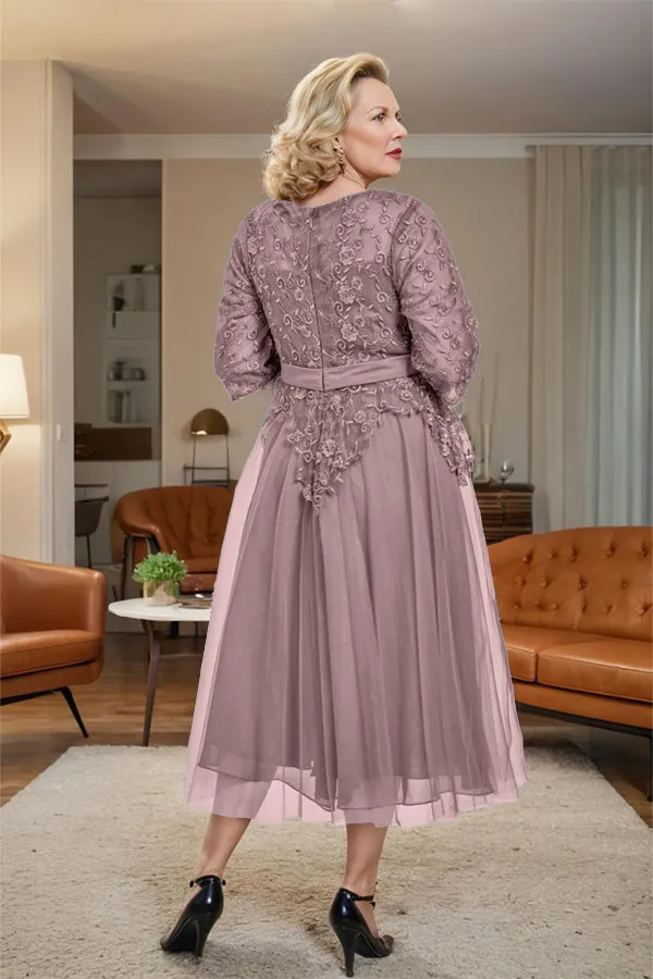 Belted 3/4 Sleeves Tulle Tea Length Mother of the Bride Dress
