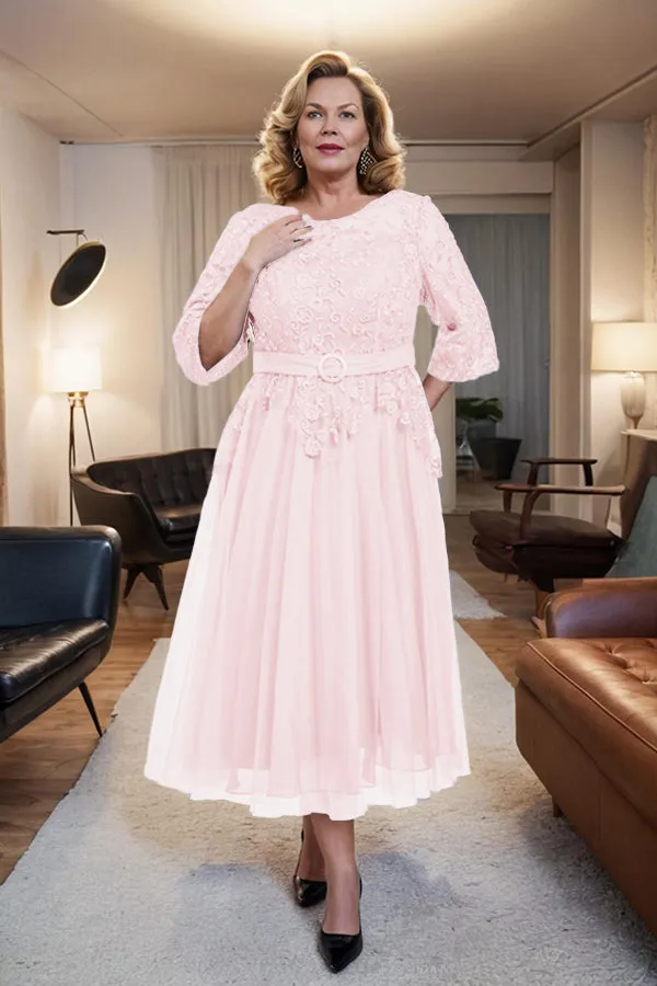 Belted 3/4 Sleeves Tulle Tea Length Mother of the Bride Dress