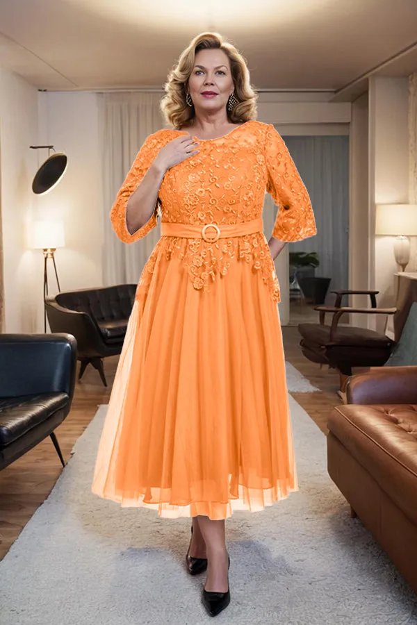 Belted 3/4 Sleeves Tulle Tea Length Mother of the Bride Dress