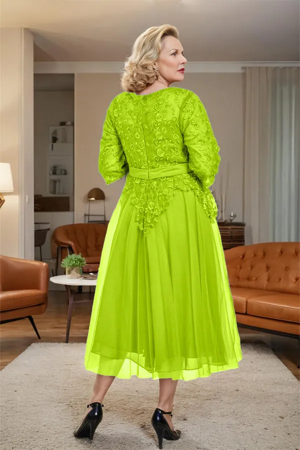 Belted 3/4 Sleeves Tulle Tea Length Mother of the Bride Dress