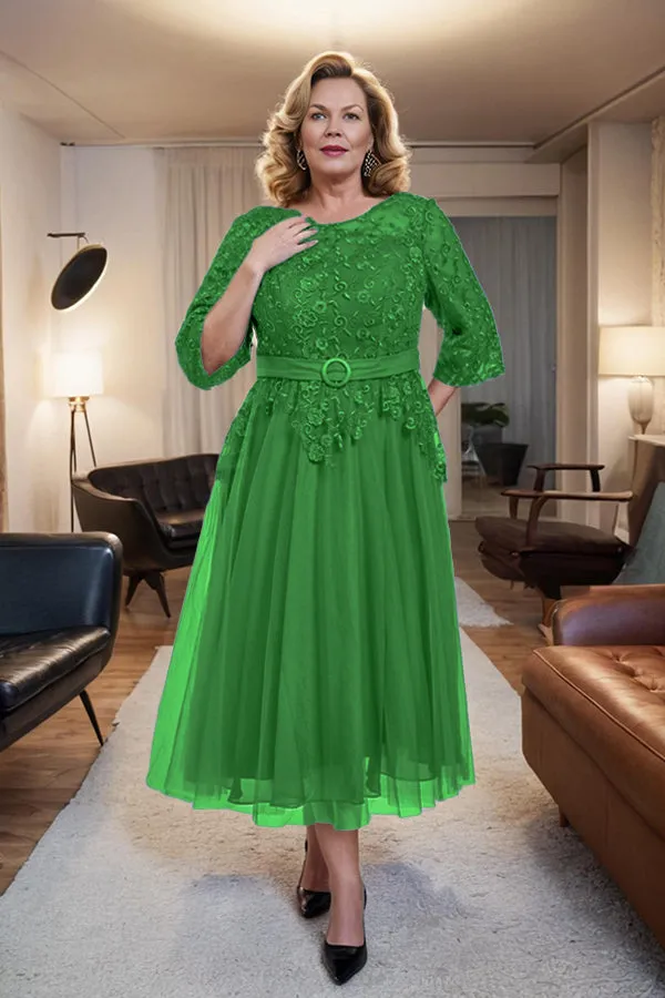 Belted 3/4 Sleeves Tulle Tea Length Mother of the Bride Dress