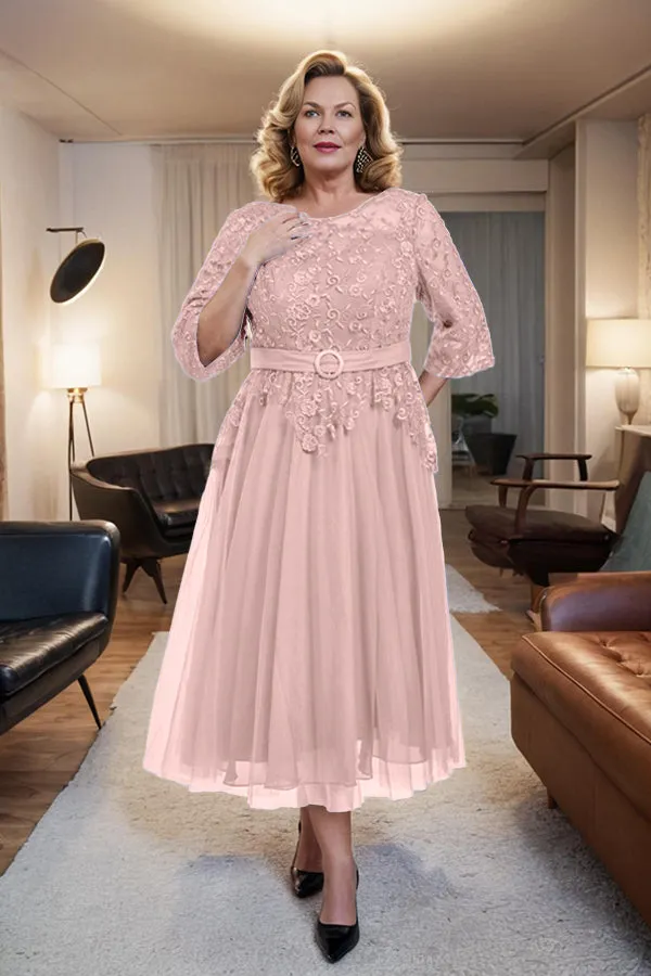 Belted 3/4 Sleeves Tulle Tea Length Mother of the Bride Dress
