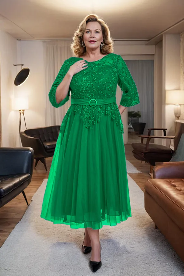 Belted 3/4 Sleeves Tulle Tea Length Mother of the Bride Dress