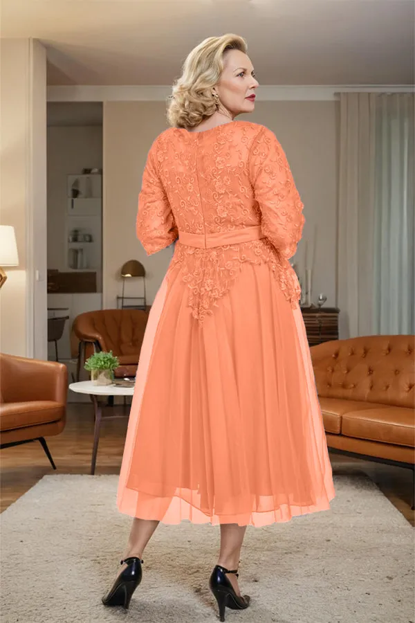 Belted 3/4 Sleeves Tulle Tea Length Mother of the Bride Dress