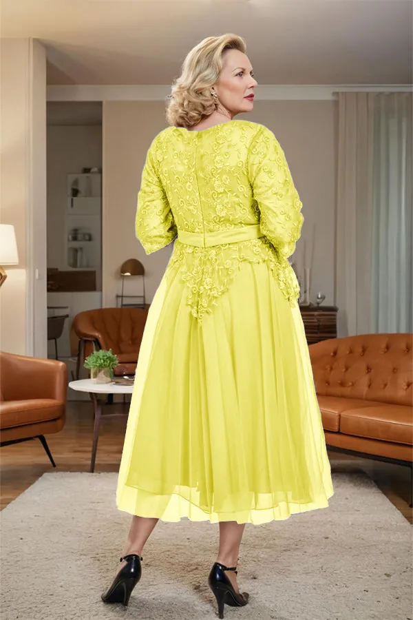 Belted 3/4 Sleeves Tulle Tea Length Mother of the Bride Dress