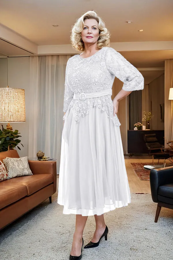 Belted 3/4 Sleeves Tulle Tea Length Mother of the Bride Dress
