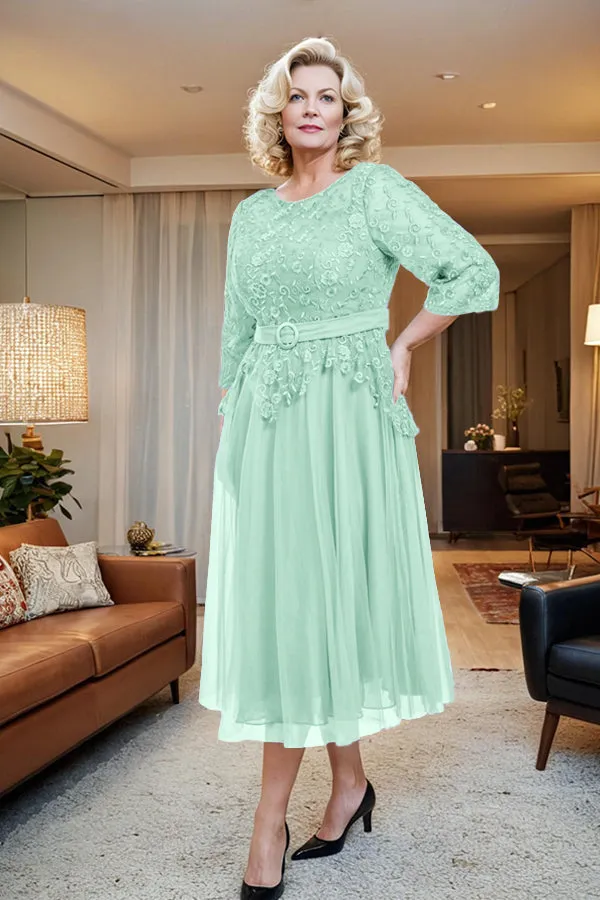 Belted 3/4 Sleeves Tulle Tea Length Mother of the Bride Dress