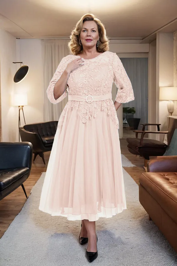 Belted 3/4 Sleeves Tulle Tea Length Mother of the Bride Dress
