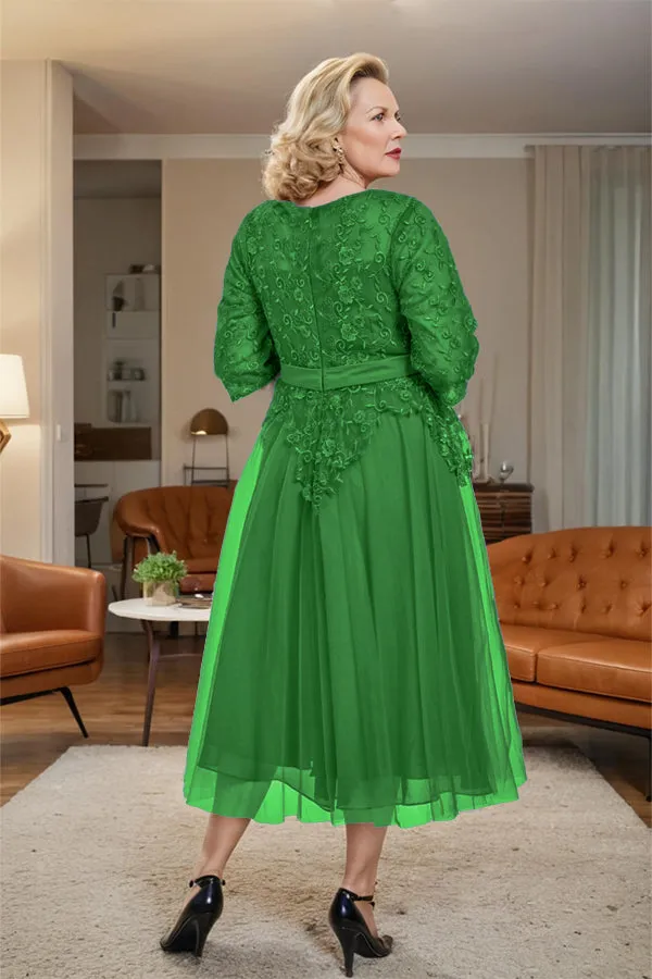 Belted 3/4 Sleeves Tulle Tea Length Mother of the Bride Dress
