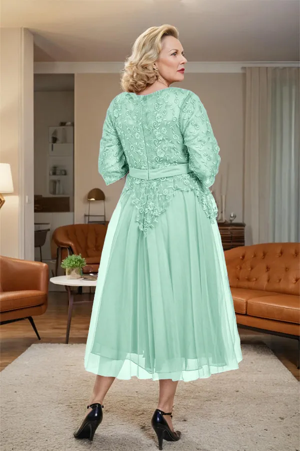 Belted 3/4 Sleeves Tulle Tea Length Mother of the Bride Dress