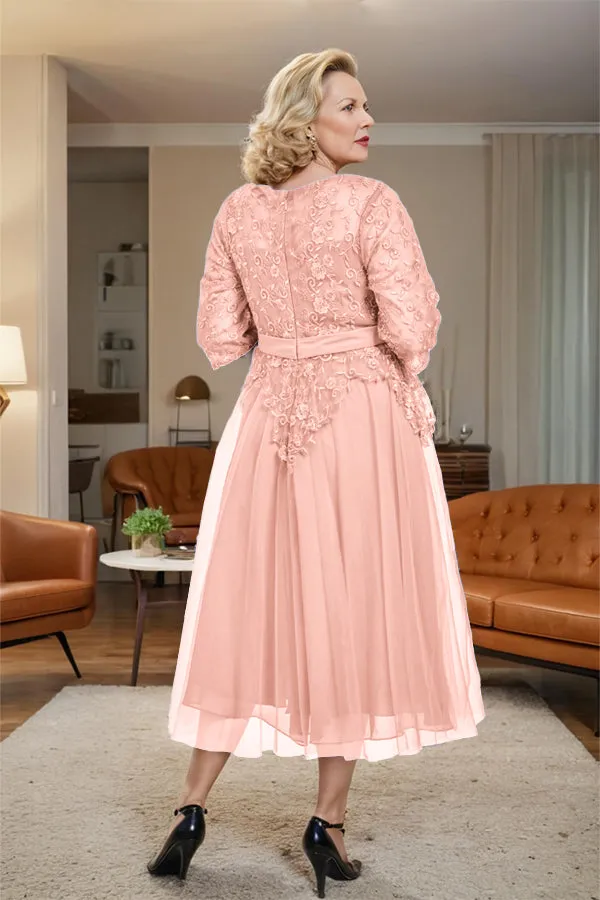 Belted 3/4 Sleeves Tulle Tea Length Mother of the Bride Dress