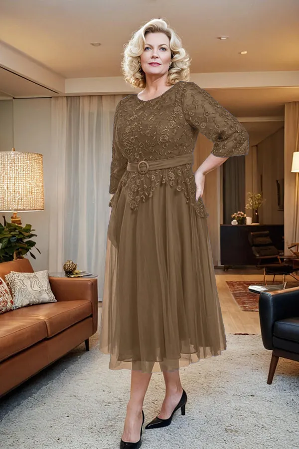 Belted 3/4 Sleeves Tulle Tea Length Mother of the Bride Dress