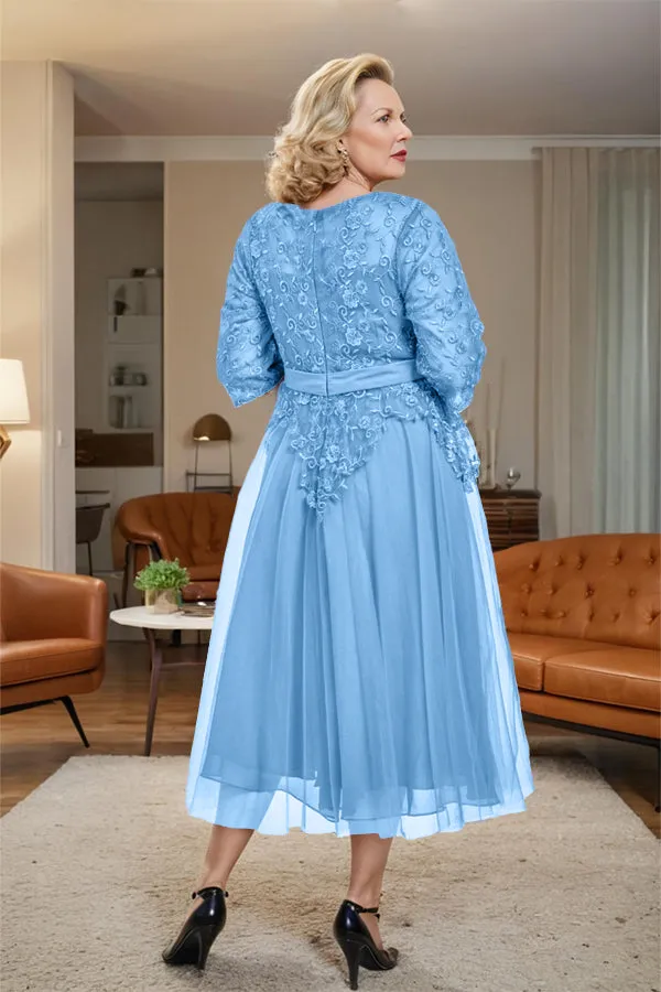 Belted 3/4 Sleeves Tulle Tea Length Mother of the Bride Dress