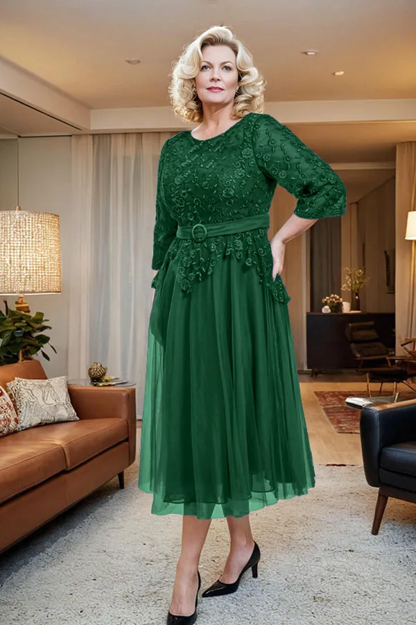 Belted 3/4 Sleeves Tulle Tea Length Mother of the Bride Dress