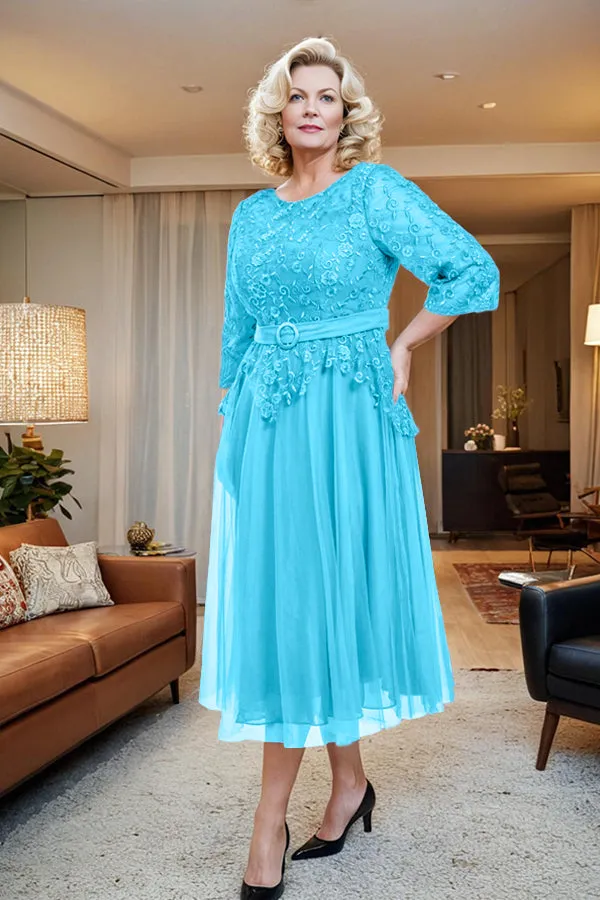 Belted 3/4 Sleeves Tulle Tea Length Mother of the Bride Dress