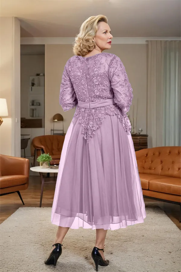 Belted 3/4 Sleeves Tulle Tea Length Mother of the Bride Dress