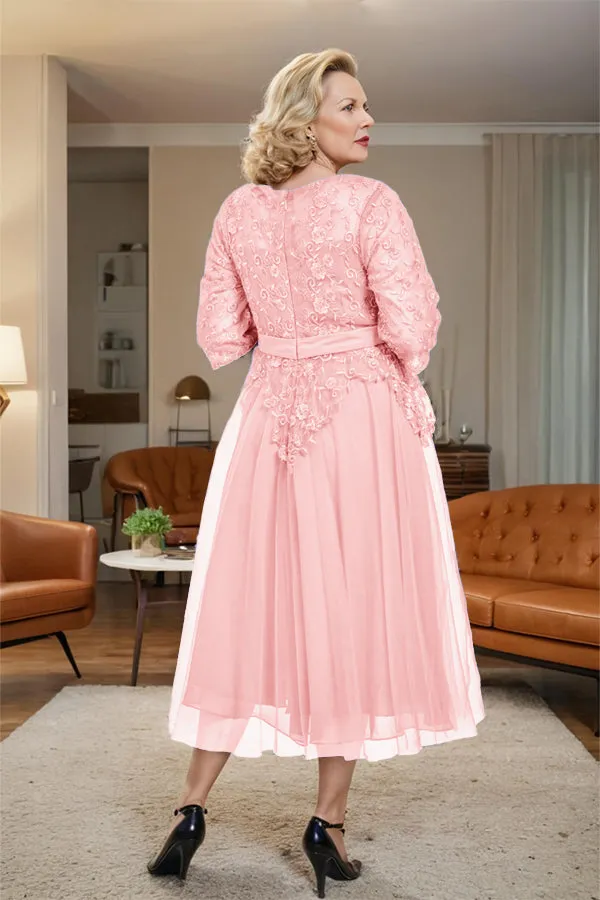 Belted 3/4 Sleeves Tulle Tea Length Mother of the Bride Dress