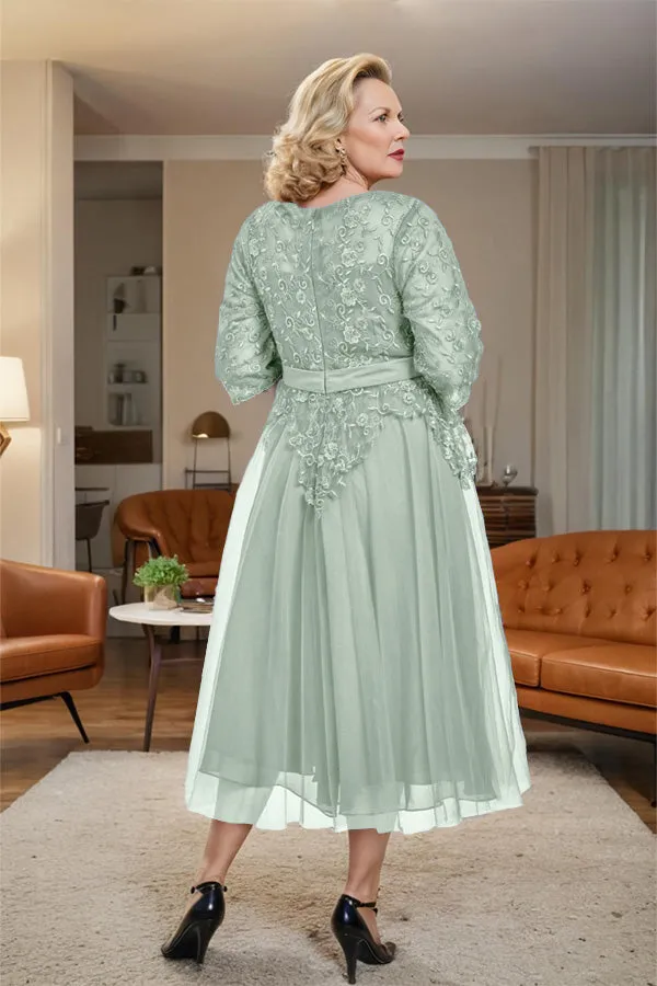 Belted 3/4 Sleeves Tulle Tea Length Mother of the Bride Dress