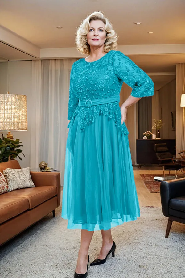 Belted 3/4 Sleeves Tulle Tea Length Mother of the Bride Dress