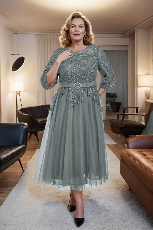 Belted 3/4 Sleeves Tulle Tea Length Mother of the Bride Dress