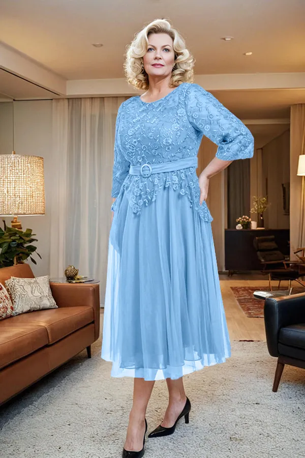Belted 3/4 Sleeves Tulle Tea Length Mother of the Bride Dress