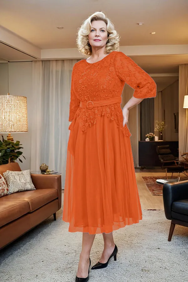 Belted 3/4 Sleeves Tulle Tea Length Mother of the Bride Dress